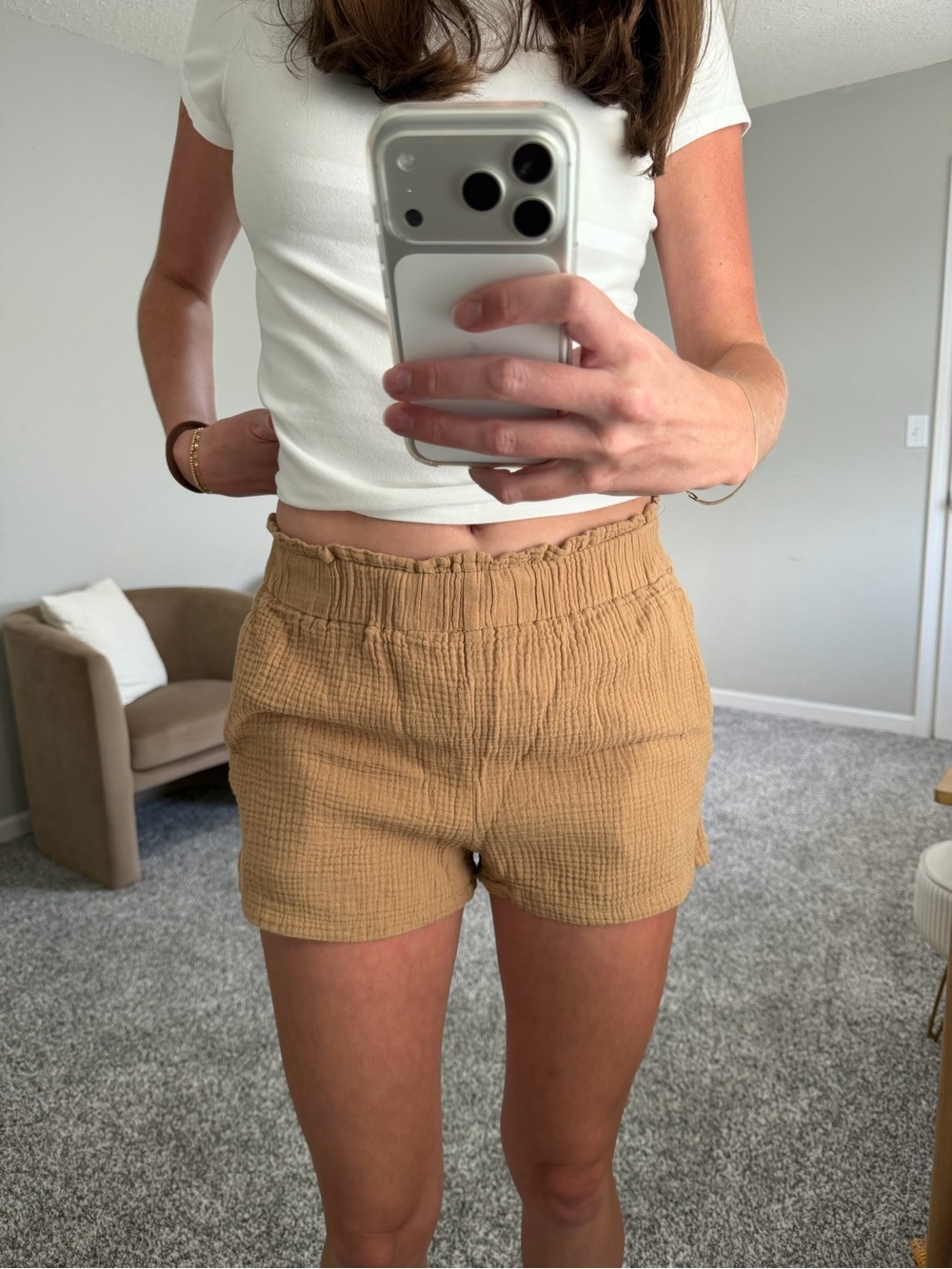Casual Textured High-Waist Women’s Shorts in Camel